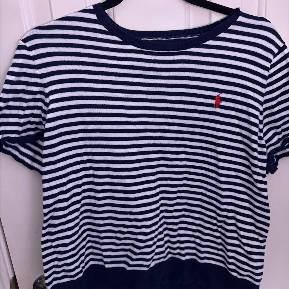 Lightweight navy blue and white striped sweater